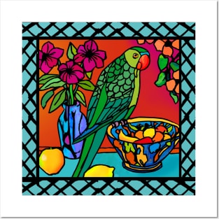 Parrot on a Fruit bowl Posters and Art